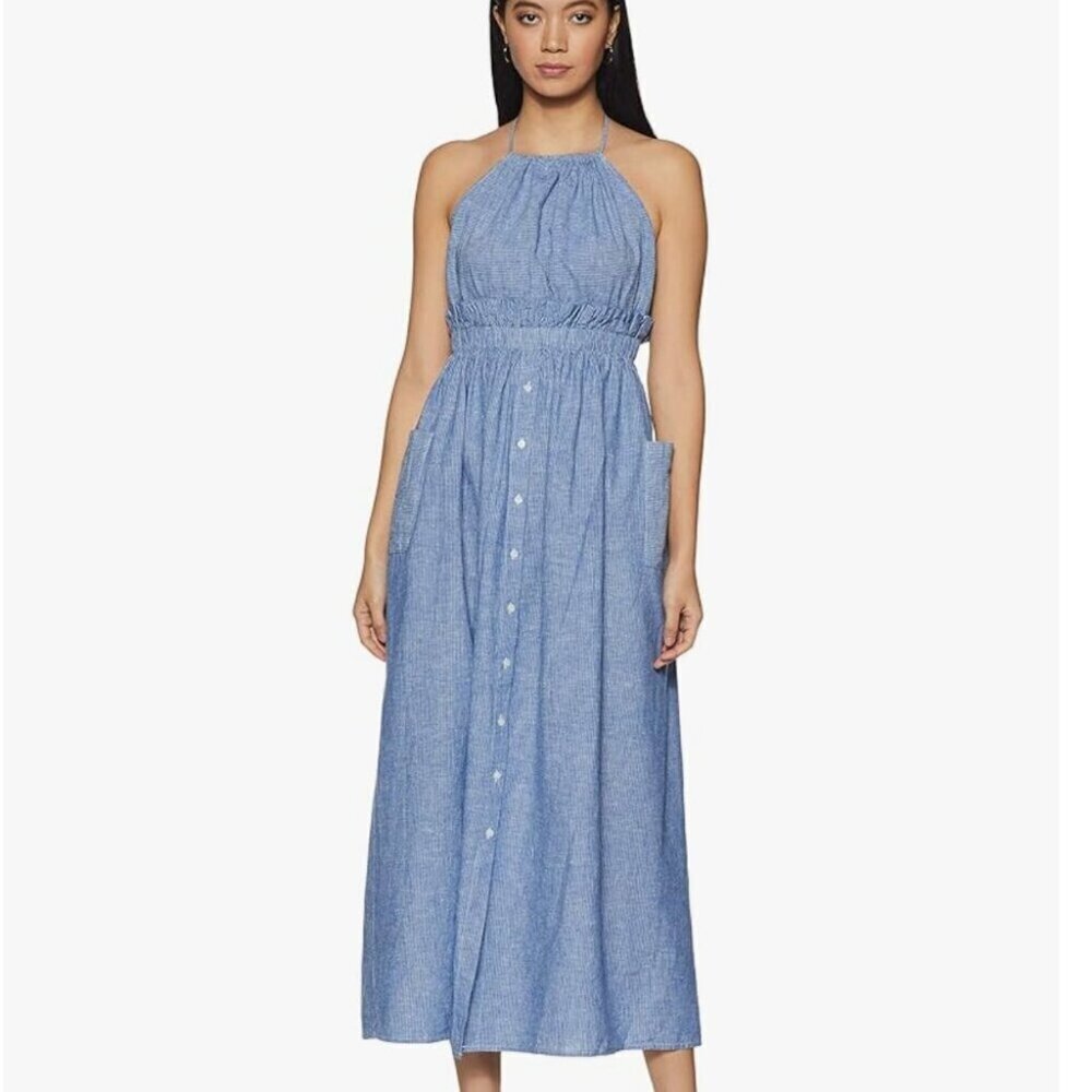 Mango Linen Cotton Halter Neck Ruffle Midi Dress Blue Size 8